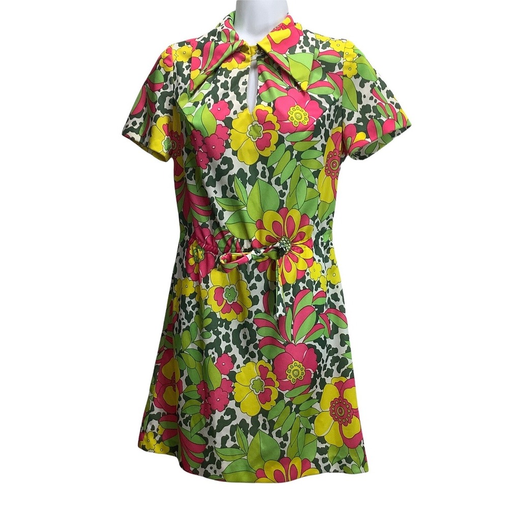 Vintage Summer Dress‎ Floral Short Sleeve Floral Button Mini Green Pink Womans